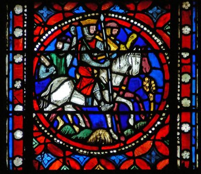 Fenster s1-R, eine Szene aus der Reise des heiligen Bonnet nach Rom darstellend; Ritter kehren aus der Schlacht zurück von French School