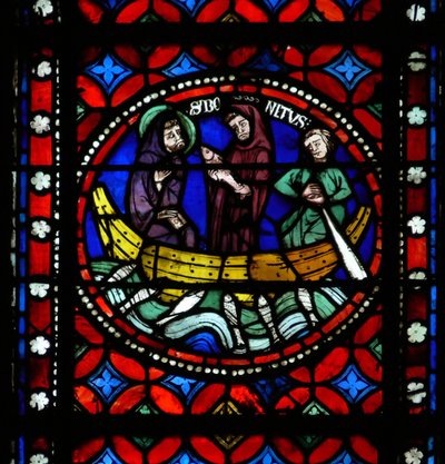 Fenster s1-R, eine Szene aus der Reise des heiligen Bonnet nach Rom und Abenteuer darstellend von French School