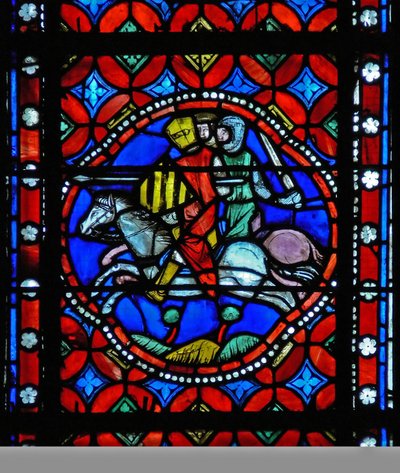 Fenster s1-R, eine Szene aus der Reise des heiligen Bonnet nach Rom und Abenteuer darstellend; Pavia wird belagert von French School
