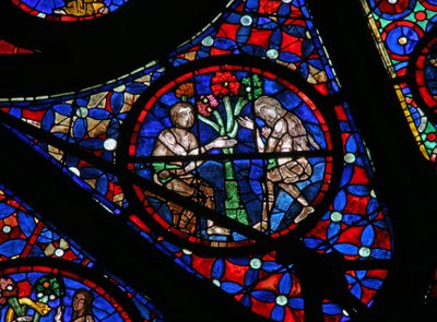 Fenster w115, Adam und Eva verführt durch das Wissen vom Baum der Erkenntnis von Gut und Böse darstellend von French School