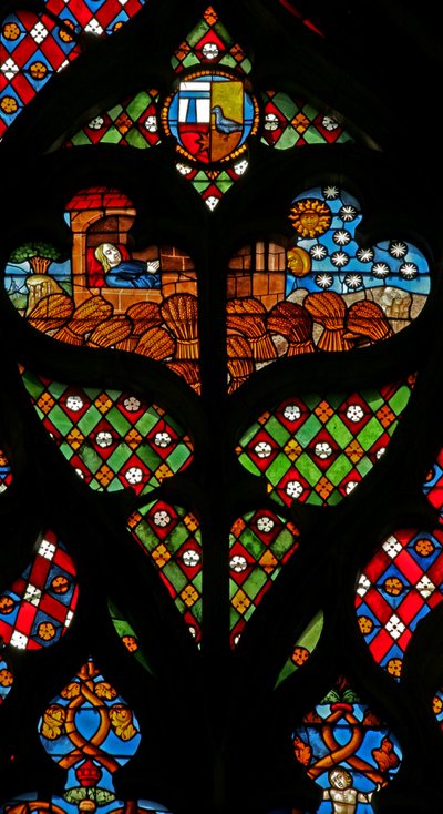 Fenster w234 zeigt ein Maßwerklicht mit Josef, der von Sonne, Mond und Sternen träumt, und dass sich die Garben seiner Brüder vor ihm verneigen von French School