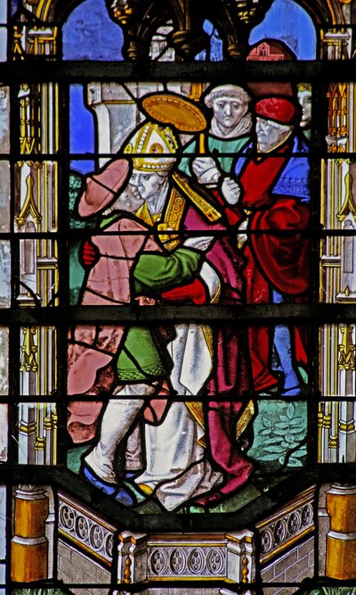 Fenster w27 mit Darstellung des Heiligen Martin, der einen Aussätzigen küsst von French School