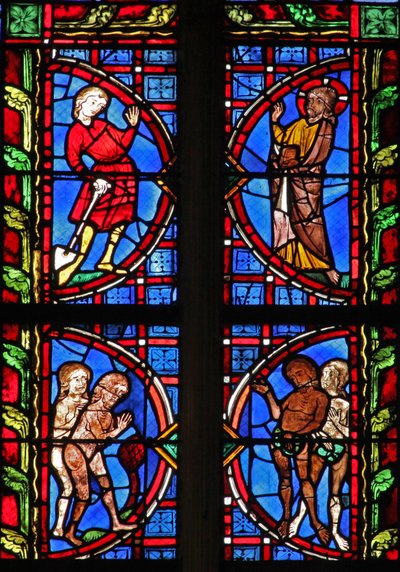 Fenster w30, Darstellung von Gott mit Adam, der einen Spaten trägt; Adam und Eva versuchen, ihre Nacktheit zu verbergen von French School