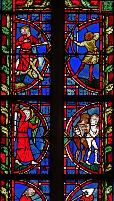 Fenster w30, Darstellung des Todes von Kain; Adam und Eva werden aus Eden vertrieben von French School