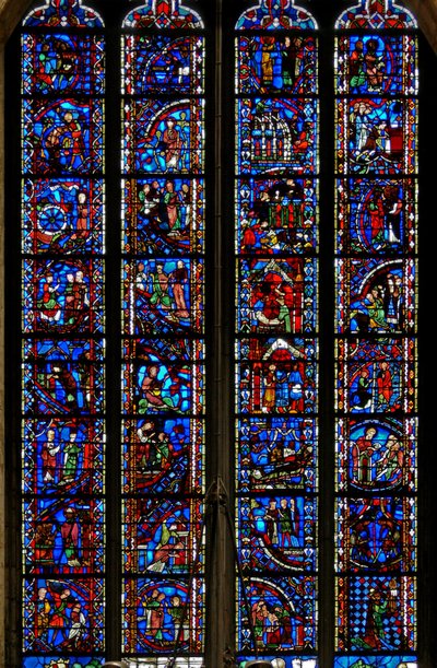Fenster w53, Darstellung von Szenen aus dem Leben der St. Katharina, St. Nikolaus, St. Johannes der Täufer, St. Stephanus von French School