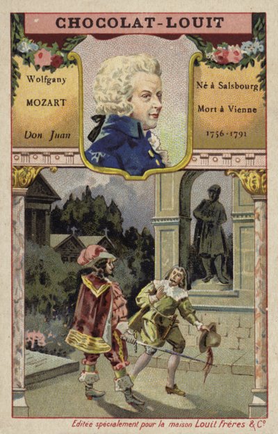 Wolfgang Amadeus Mozart, österreichischer Komponist, und eine Szene aus seiner Oper Don Juan von French School