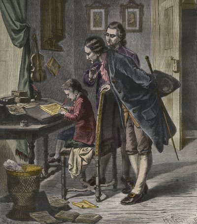 Wolfgang Amadeus Mozart schreibt ein Konzert in Anwesenheit seines Vaters Leopold, Illustration aus 