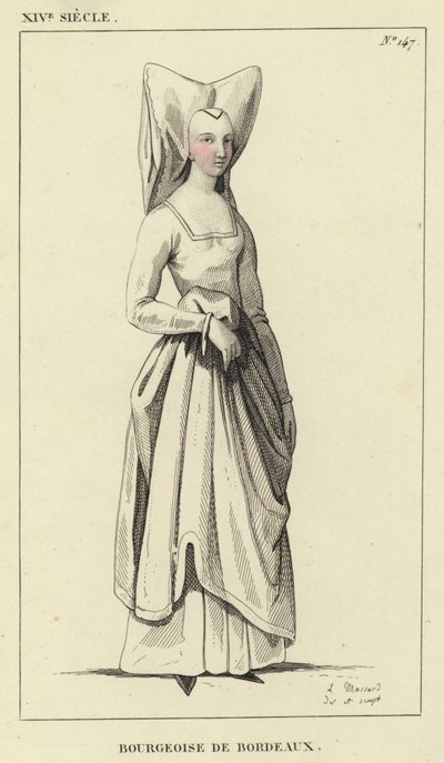 XIV Jahrhundert, Bürgerin von Bordeaux (farbiger Stich) von French School