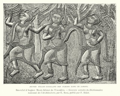 Junge Mädchen pflücken Blumen in einem Garten, Basrelief aus Angkor, Kambodscha (Gravur) von French School