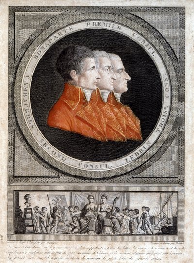 Porträt der drei Konsuln, Napoleon Bonaparte (1769-1821), Jean Jacques Regis (Jean-Jacques-Regis) de Cambaceres (1753-1824) und Charles Francois Lebrun (1739-1824) von French School