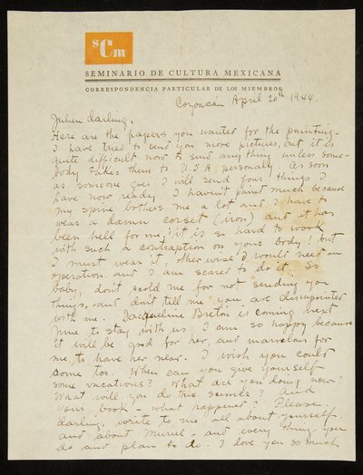 Brief von Frida Kahlo an Julien Levy, auf Englisch, 20. April 1944 von Frida Kahlo
