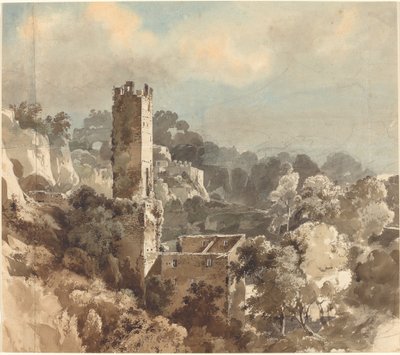 Ruinen eines befestigten Turms in bewaldeten Hügeln von Friedrich Salathé