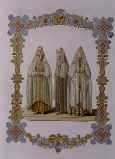 Kostüme von Mädchen aus Torzhok aus der Serie Kleidung des russischen Staates, 1851 von Fyodor Grigoryevich Solntsev