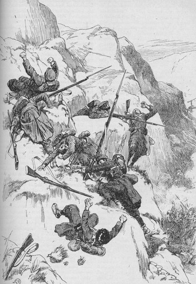 Die besiegten Spanier kletterten die zerklüfteten Seiten hinauf von GB