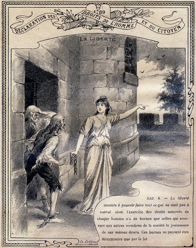 1789: Erklärung der Menschen- und Bürgerrechte: Die Freiheit. Gravur in "Das einzigartige Buch der Moral und staatsbürgerlichen Erziehung, bestimmt für die Schüler der drei Kurse der Grundschule und für die Schüler der Grundklassen der Gymnasien und Colleg von G. Dascher