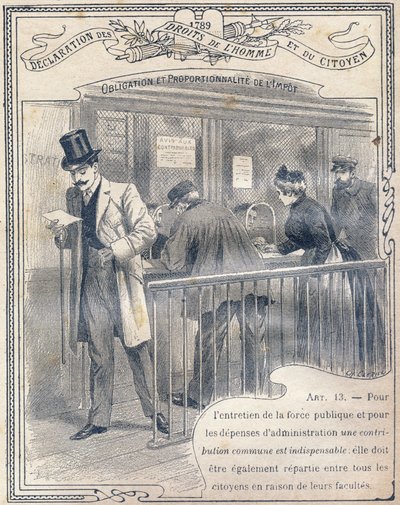 1789: Erklärung der Menschen- und Bürgerrechte: Verpflichtung und Verhältnismäßigkeit der Steuer. Gravur in "Das einzigartige Buch der Moral und staatsbürgerlichen Unterweisung, bestimmt für die Schüler der drei Kurse der Grundschule und für die Schüler de von G. Dascher