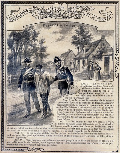 1789: Erklärung der Menschen- und Bürgerrechte: Achtung vor dem Gesetz. Gravur in "Das einzigartige Buch der Moral und staatsbürgerlichen Unterweisung, bestimmt für die Schüler der drei Kurse der Grundschule und für die Schüler der Grundklassen der Gymnasi von G. Dascher