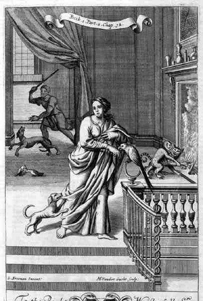 Ein Innenraum mit einer Frau und Tieren, Illustration aus Buch 1 Teil 8 Kapitel 12 von 