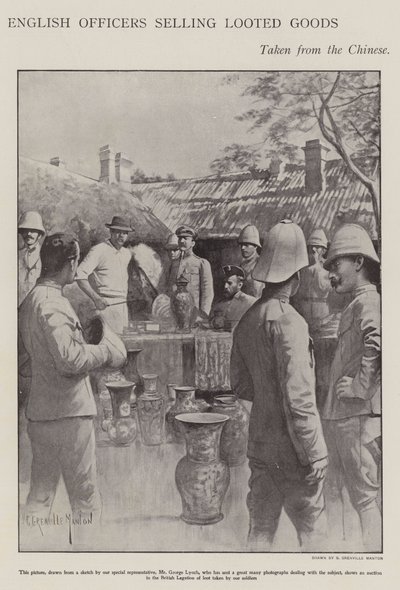Englische Offiziere verkaufen geplünderte Waren, die sie während des Boxeraufstands von den Chinesen genommen haben (Lithographie) von G. Grenville Manton