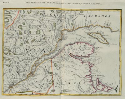 Östlicher Teil von Kanada, nördliches Nova Scotia und Teil von Labrador, Kupferstich von G. Zuliani aus Band I des "Neuesten Atlas" veröffentlicht in Venedig 1778 von Antonio Zatta, Privatsammlung von G. Zuliani