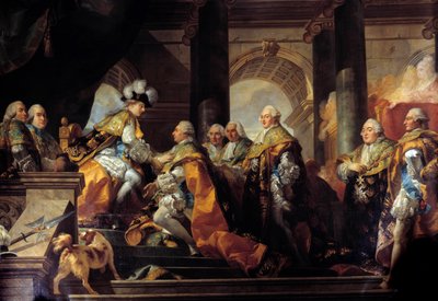 König Ludwig XVI. (1754-1793) empfängt in Reims den Tribut der Ritter des Ordens des Heiligen Geistes nach seiner Weihe am 13. Juni 1775 von Gabriel Francois Doyen