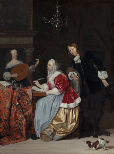 Eine junge Frau komponiert ein Musikstück von Gabriel Metsu
