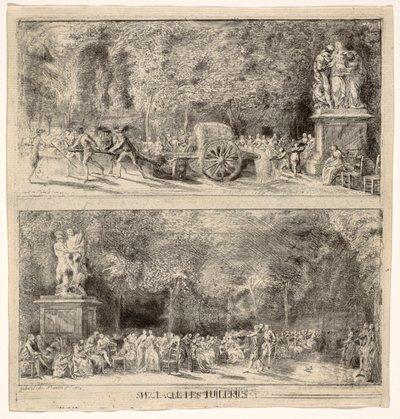 Szenen aus den Tuilerien: Die Stühle und der Wasserwagen, 1760, retuschiert 1763 von Gabriel de Saint Aubin