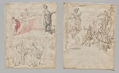 Theaterszene (recto); Dessous-Boutique und Gespräch (verso) von Gabriel de Saint Aubin