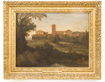 Klassische Landschaft mit einem Mann, der eine Schafherde treibt von Gaspard Poussin Dughet
