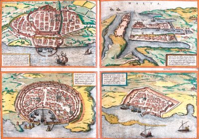 Cagliari, Malta, Rhodos, Famagusta, Italien, Malta, Griechenland, Zypern von Georg and Hogenberg Franz (1535 90) Braun