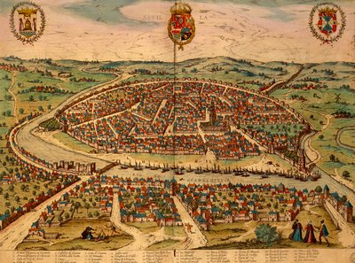 Spanien, Sevilla, Stadtansicht, Farbstich aus Civitates Orbis Terrarum von Georg Braun und Franz Hogenberg von Georg Braun and Hogenberg Franz