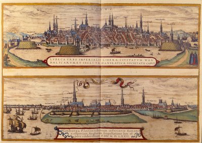 Oben Ansicht der Stadt Lübeck, unten die Stadt Hamburg in Deutschland. Gravur aus dem Atlas von „Braun und Hogenberg“ 1572 von Georg Braun and Hogenberg Franz