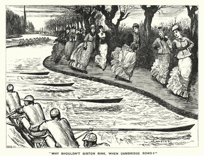 Punch-Karikatur: Warum sollte Girton nicht Schlittschuh laufen, wenn Cambridge rudert? (Stich) von George (after) Du Maurier