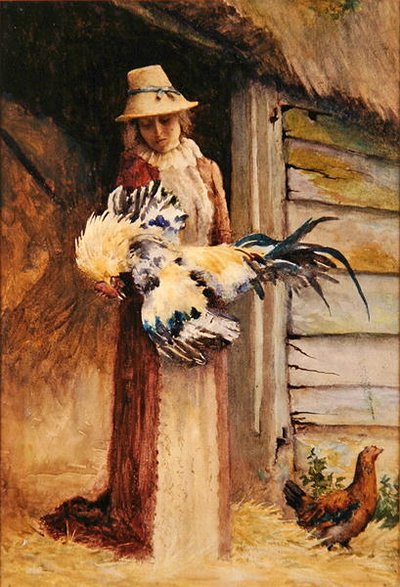 Eine Frau, die einen Hahn hält von George Carline