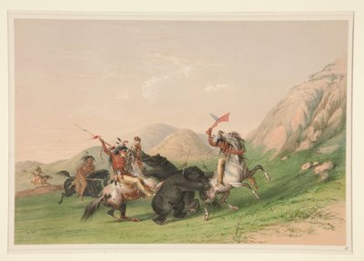 Angriff auf den Grizzlybär, Tafel 19 aus dem Nordamerikanischen Indianer-Portfolio von George Catlin