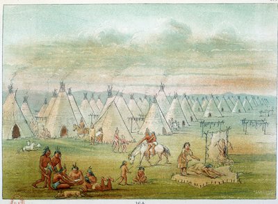 Indianerdorf der Comanche, die Zelte sind aus Bisonhäuten. Illustration von George Catlin von George Catlin