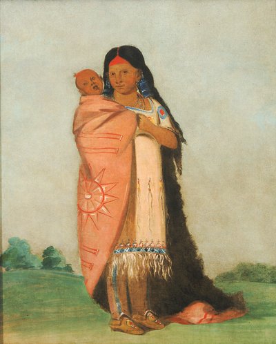 Tsee-moúnt, Großes Wunder, trägt ihr Baby in ihrem Gewand, 1832 von George Catlin