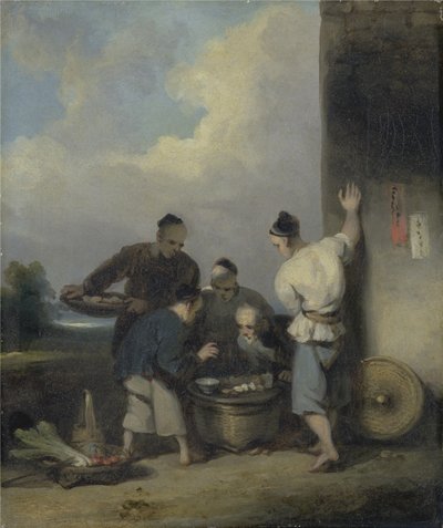Kulis um den Stand des Lebensmittelhändlers, nach 1825 von George Chinnery