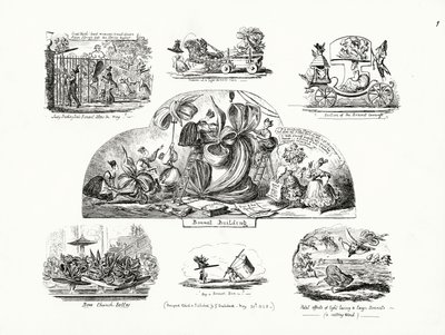 Karikaturen von George Cruikshank zum Thema übergroße Damenhüte von George Cruikshank