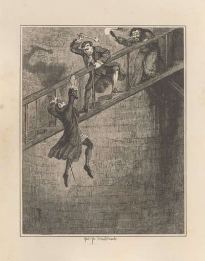Jonathan Wild wirft Sir Rowland Trenchard in den Brunnenschacht von George Cruikshank
