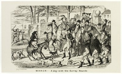 März - Ein Tag mit den Surrey-Hunden aus George Cruikshanks Stahlradierungen für The Comic Almanacks: 1835-1853 von George Cruikshank