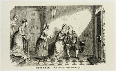 November - Eine allgemeine Postzustellung im Gegensatz zu George Cruikshanks Stahlradierungen für Die Comic Almanacks: 1835-1853 von George Cruikshank