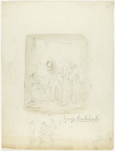 Blatt mit Skizzen und Selbstporträt von George Cruikshank