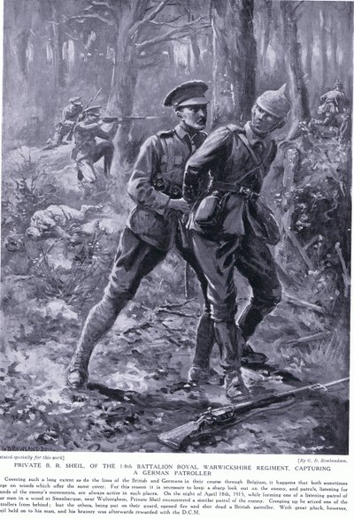 Private B R Shiel erhielt das DCM für die Gefangennahme eines deutschen Patrouilleurs in Belgien im April 1915 von George Derville Rowlandson