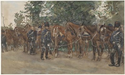 Husaren neben ihren Pferden am Straßenrand von George Hendrik Breitner