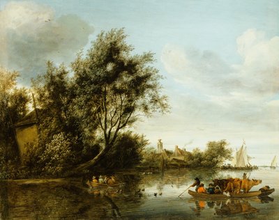 Eine Flusslandschaft mit einem Heuboden zwischen Bäumen und einer Fähre mit Passagieren und Vieh von George Henry Clements