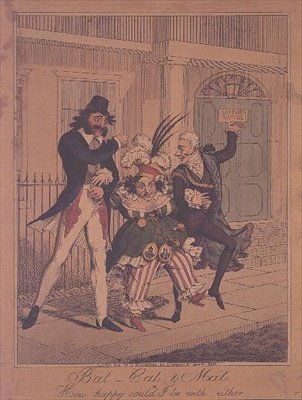 Fledermaus, Katze und Matte, oder Wie glücklich könnte ich mit beiden sein - satirische Gravur, veröffentlicht von G. Humphrey von George Humphrey