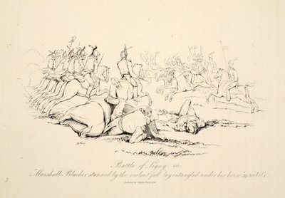 Schlacht von Ligny: Marschall Blücher betäubt durch den heftigen Sturz unter seinem Pferd, veröffentlicht von J. Booth, 1816 von George Jones