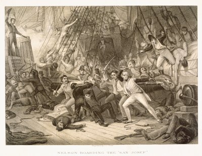 Horatio Nelson besteigt die San Josef in der Schlacht von Kap St. Vincent, 14. Februar 1797, graviert von John Crew nach dem Original in der Greenwich Hospital Collection von George Jones