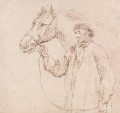 Mann hält Pferd am Zügel von George Morland